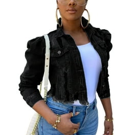 hirigin Women s Ripped Denim Jacket Long Puff Sleeve Button Down Jean Coats Walmart