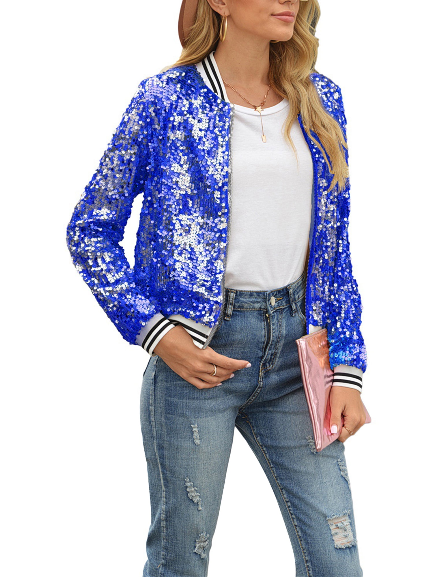 Sunisery Womens Sequin Jackets Sparkle Long Sleeve Zipper Bomber Jacket Lightweight Casual Party