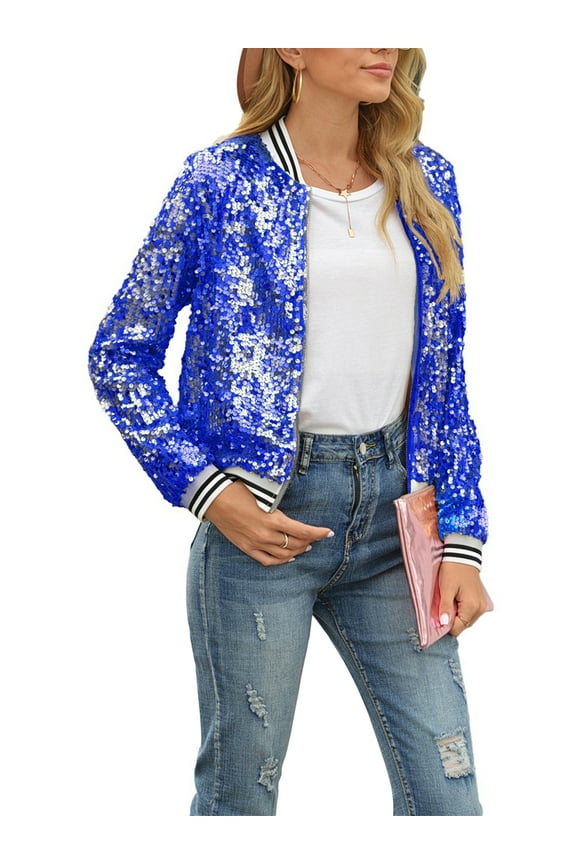 Sunisery Womens Sequin Jackets Sparkle Long Sleeve Zipper Bomber Jacket Lightweight Casual Party Glitter Blazer S-XXL