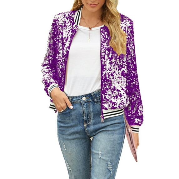 Sunisery Womens Sequin Jackets Sparkle Long Sleeve Zipper Bomber Jacket Lightweight Casual Party Glitter Blazer S-XXL