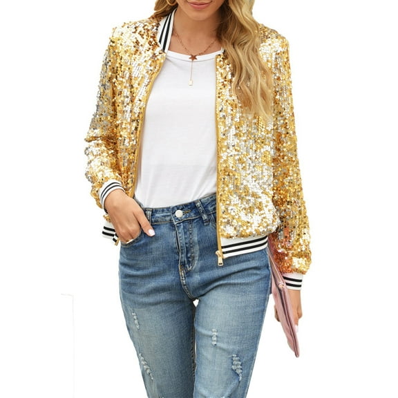 Sunisery Womens Sequin Jackets Sparkle Long Sleeve Zipper Bomber Jacket Lightweight Casual Party Glitter Blazer S-XXL