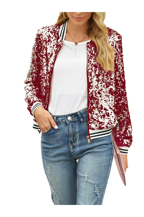 Womens Sequin Jackets Sparkle Long Sleeve Zipper Bomber Jacket Lightweight Casual Party Glitter Blazer S-XXL