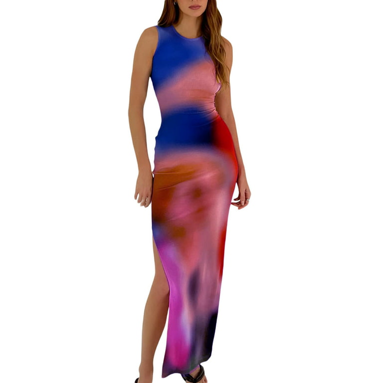 Sunisery Womens Sexy Ribbed Tie Dye Slim Fit Side Split Maxi Dress Summer  Evening Party Bodycon Long Dress 