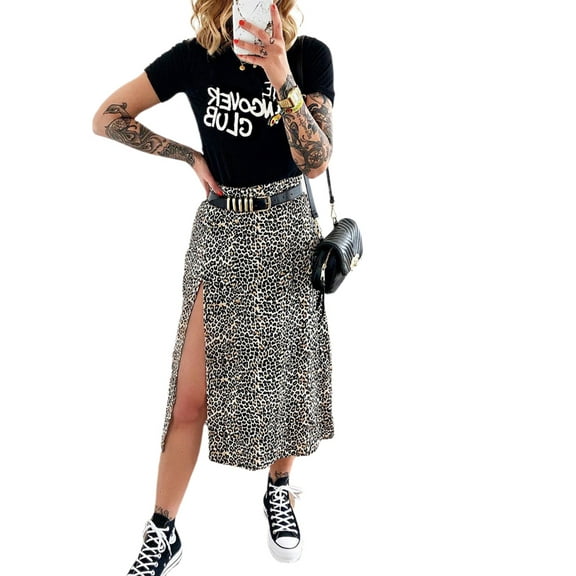 Sunisery Womens Sexy Split Skirt Leopard Print High Low Split A Line Midi Skirt High Waist Elasticized Wrap Skirts