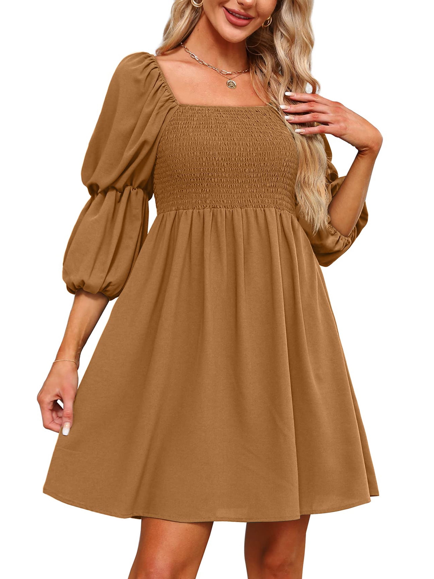 Sunisery Womens Square Neck Dress 3/4 Puff Sleeve A-Line Casual Short Mini  Dress 