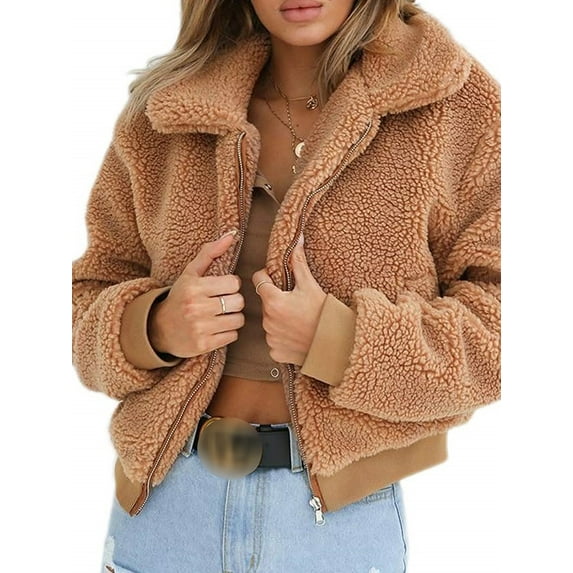 Sunisery Womens Thick Warm Teddy Bear Pocket Fleece Jacket Coat Zip Up Outwear Overcoat