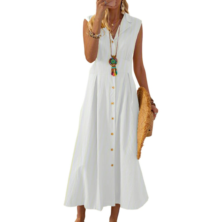 Sunisery Womens Vintage Cotton Linen A-line Dress Summer Casual Button Down  V-neck Midi Dress Plus Size S-3XL 