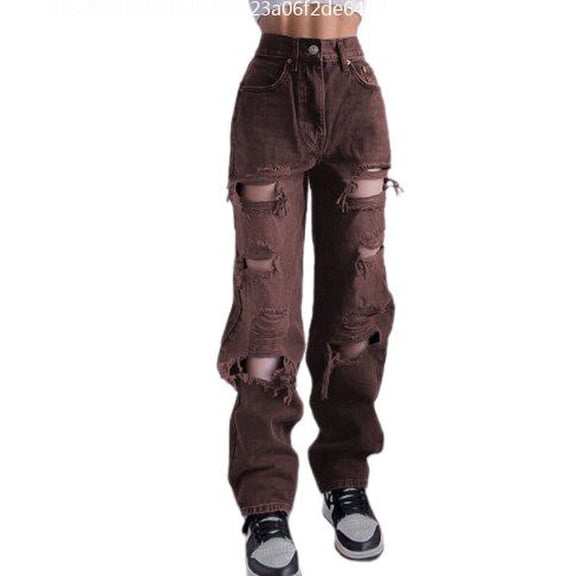Sunisery Womens Y2K Ripped Hole Jeans High Waist Straight Wide Leg Baggy Trousers Vintage Denim Pants Streetwear
