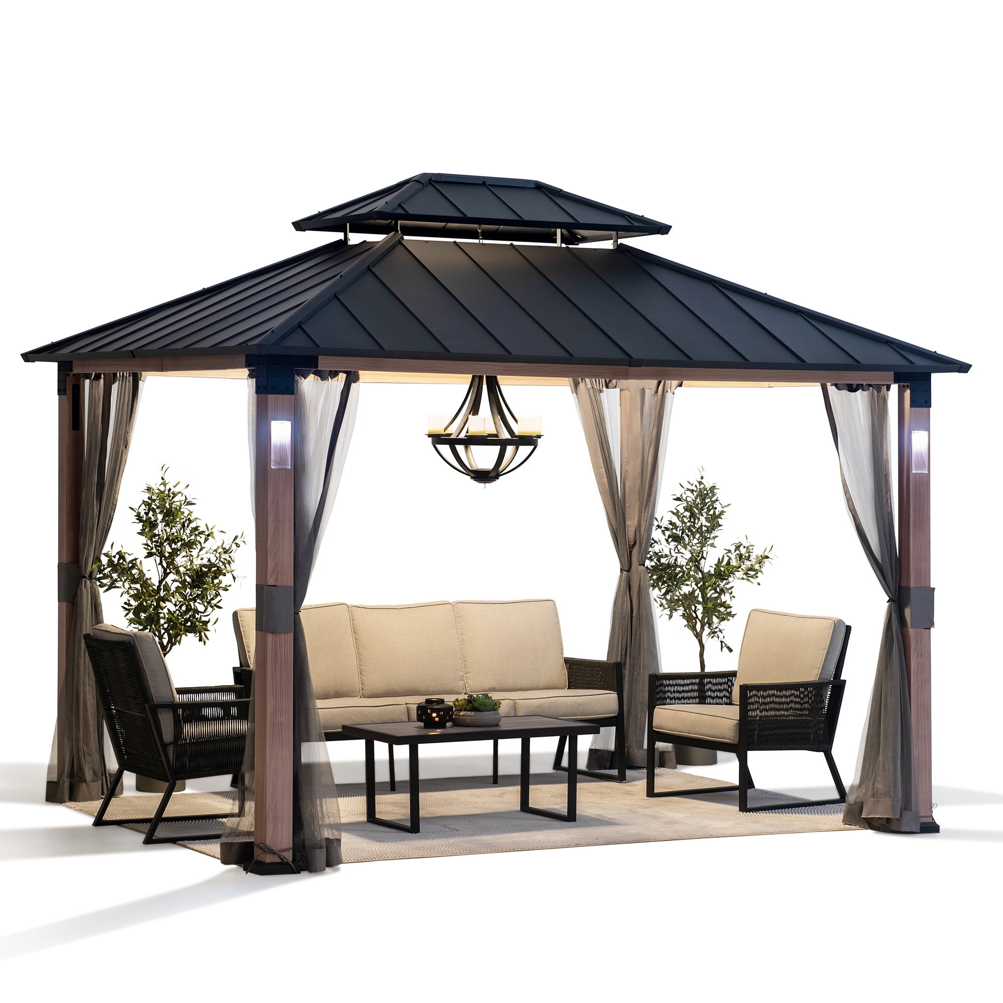 Black Steel 10x12 Hardtop Gazebo with Netting and LED Lights