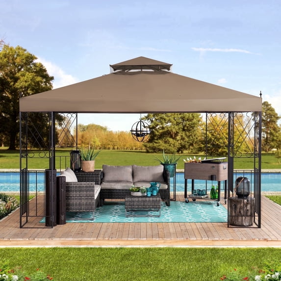 Sunjoy 10 ft. x 12 ft. Soft Top Gazebo with Khaki 2-Tier Canopy and Ceiling Hook
