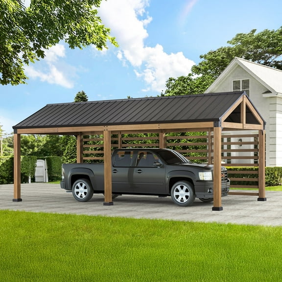 Sunjoy 10 ft. x 20 ft. Outdoor Wood Carport  Heavy Duty Gazbo with Privacy Wall and Rain Gutter