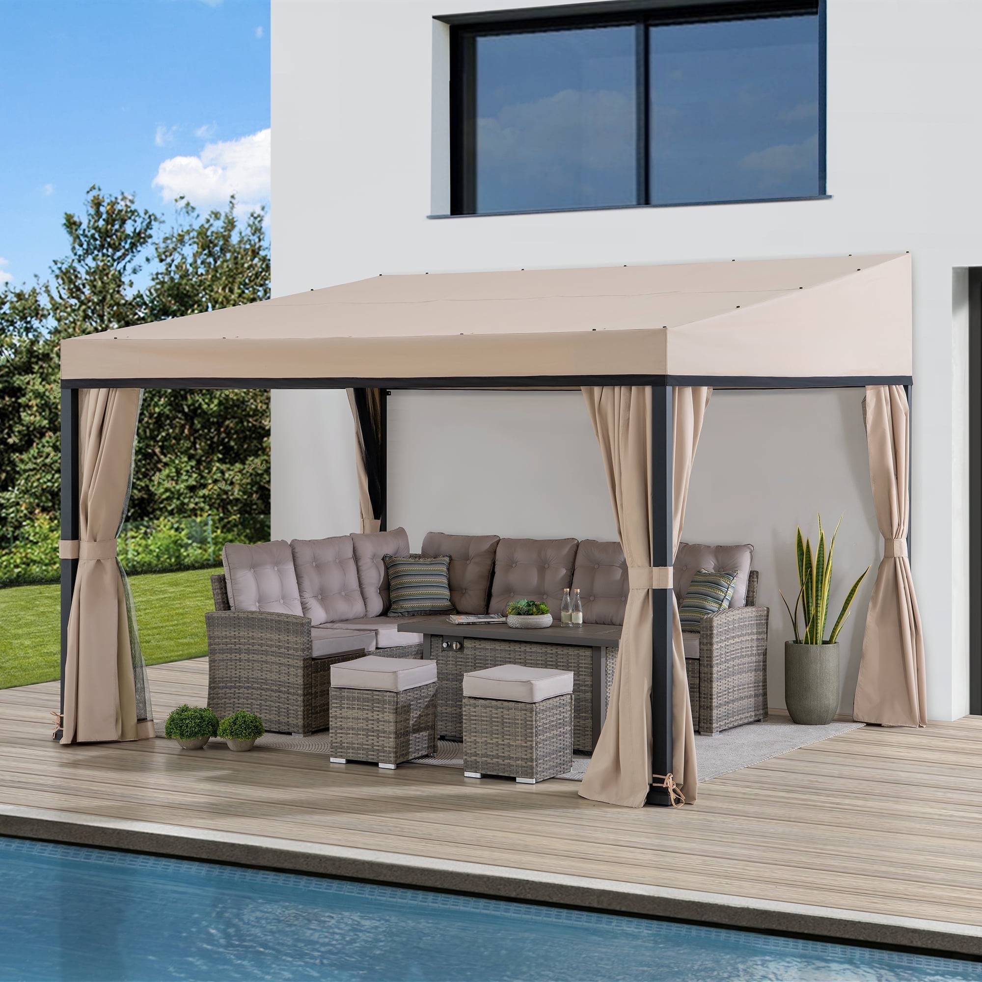 Sunjoy 10 x 12 ft Beige Aluminum Wall-Mounted Gazebo with Curtains