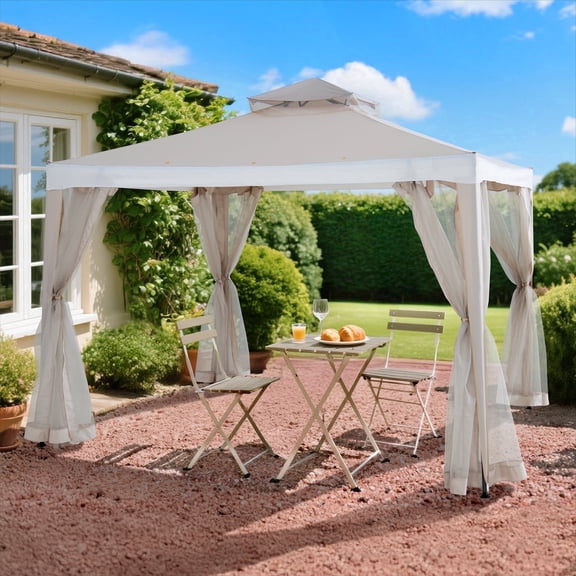 Sunjoy 10x10 Outdoor Soft Top Patio Gazebo with Netting Small Tent Canopy 2 Tier Steel Frame White
