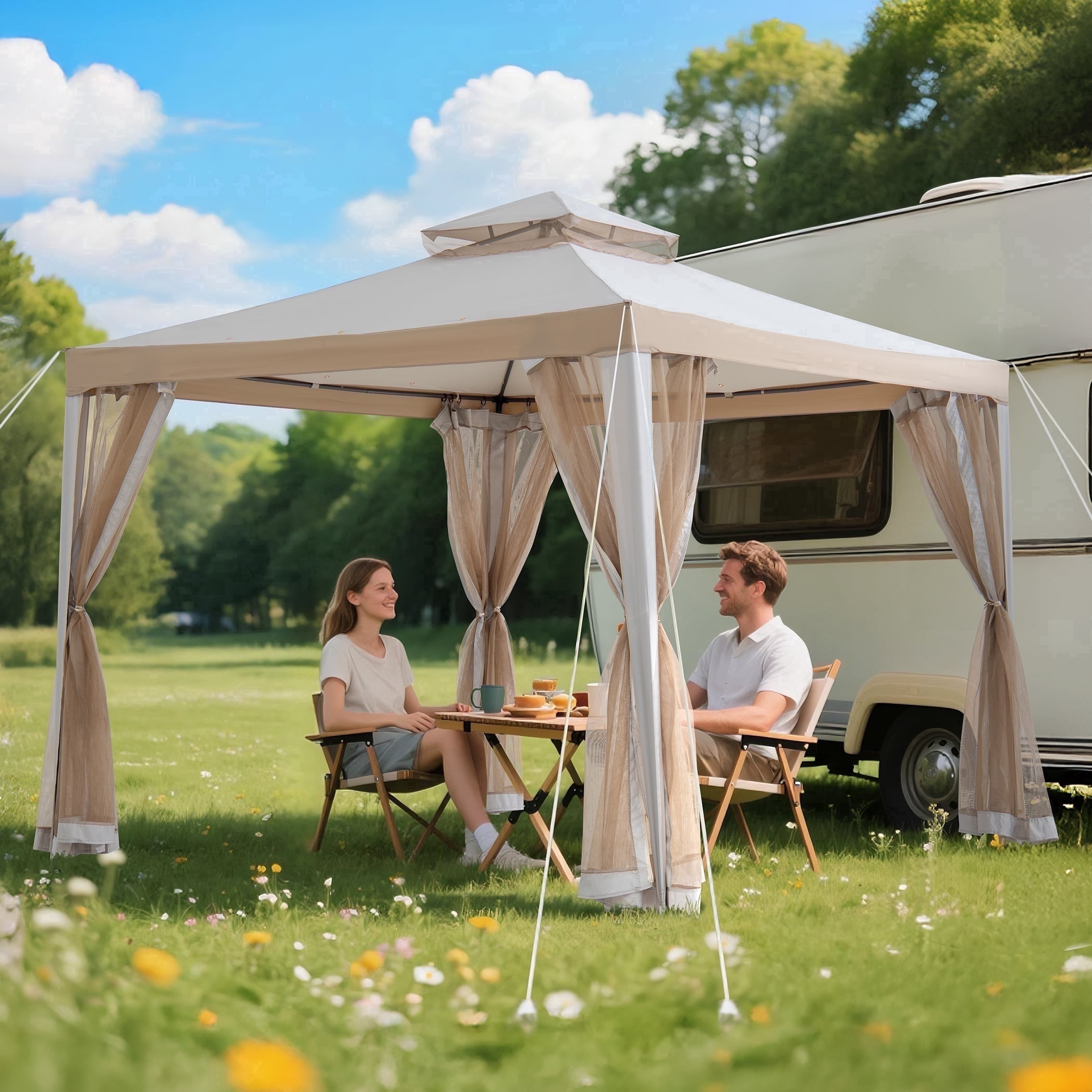 10’ x 10’ Outdoor Patio Gazebo, Outdoor Backyard Modern 2-Tier Steel Frame Soft Top Gazebo with Mesh Netting - Grey & Khaki at Walmart