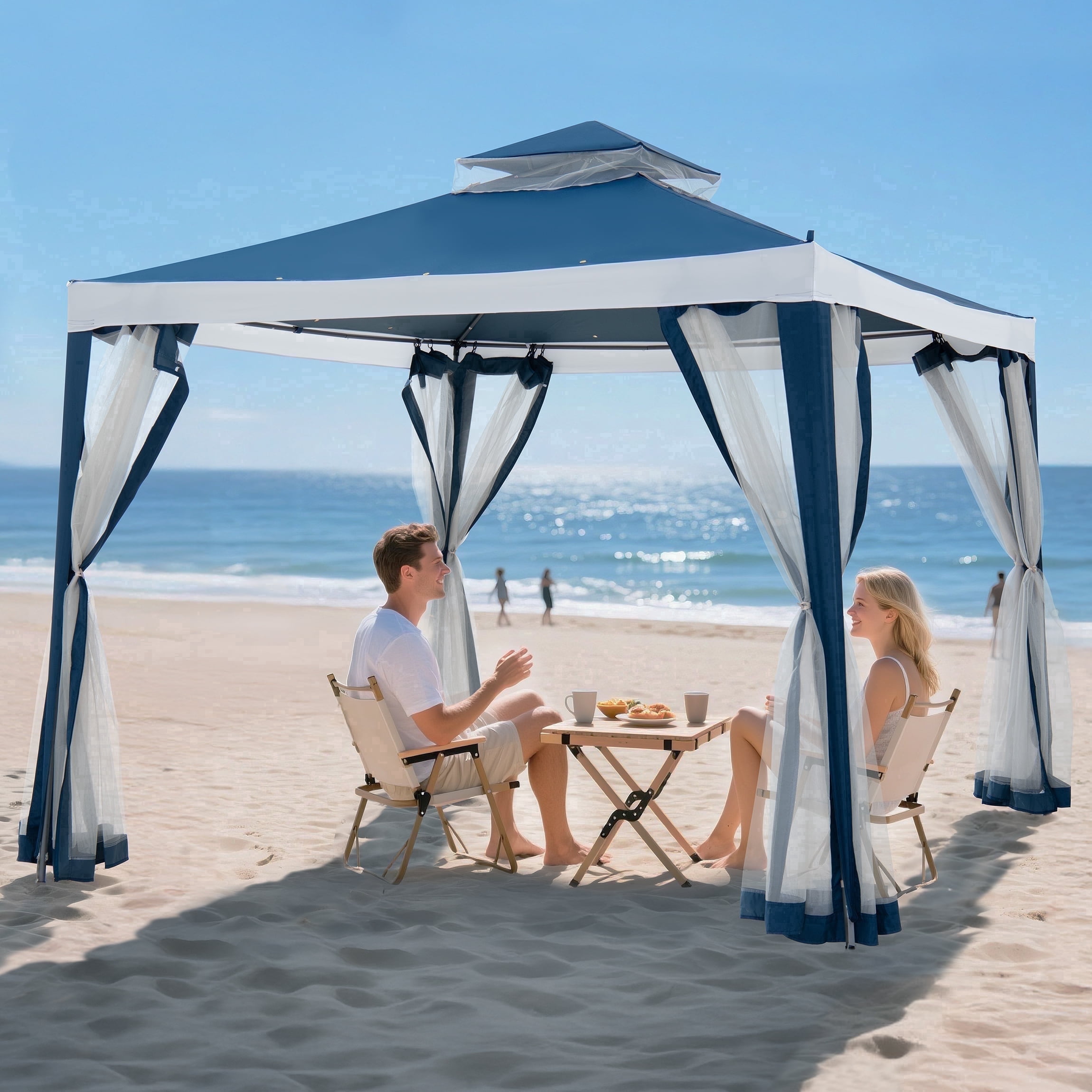 Sunjoy 10’ x 10’ Outdoor Patio Gazebo, Backyard Modern 2-Tier Steel Frame Soft Top Gazebo with Mesh Netting - Navy Blue & White