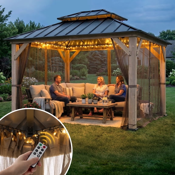 Sunjoy 10x12ft. Outdoor Cedar Wood Gazebo With Mosquito Netting and Galvanized Steel Roof, LED String Lights - Brown