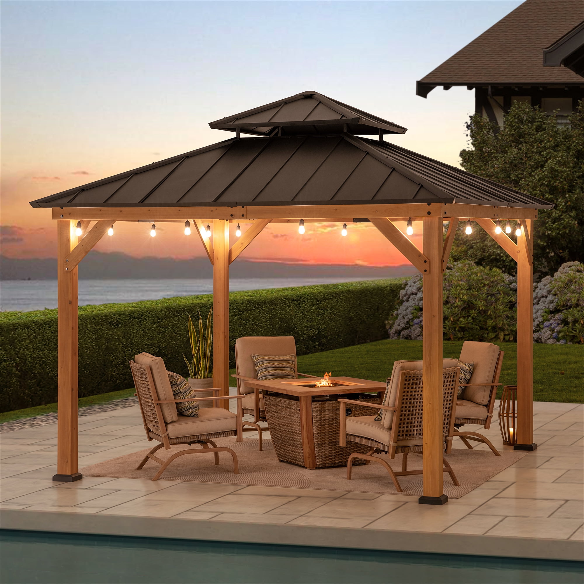 Sunjoy 11 ft. x 11 ft. Hardtop Cedar Outdoor Gazebo with Steel Roof
