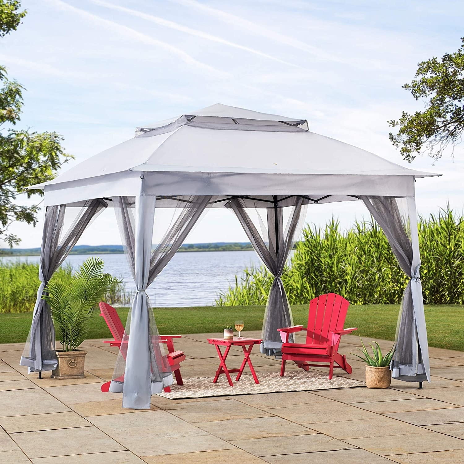 Sunjoy 11 ft. x 11 ft. Khaki and Gray Steel Pop-Up Gazebo
