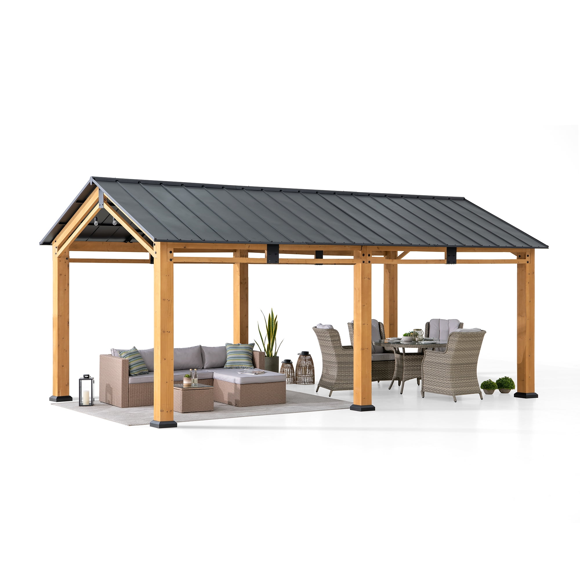 Large Cedar Wood and Black Metal Roof Carport Gazebo Kit