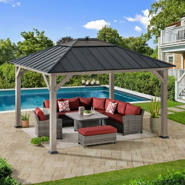 Sunjoy 11’ x 13’ Grayden Wood Gazebo , Outdoor Patio Solar Powered Hardtop Gazebo with One-Tier Metal Roof, LED Light  and Ceiling Hook