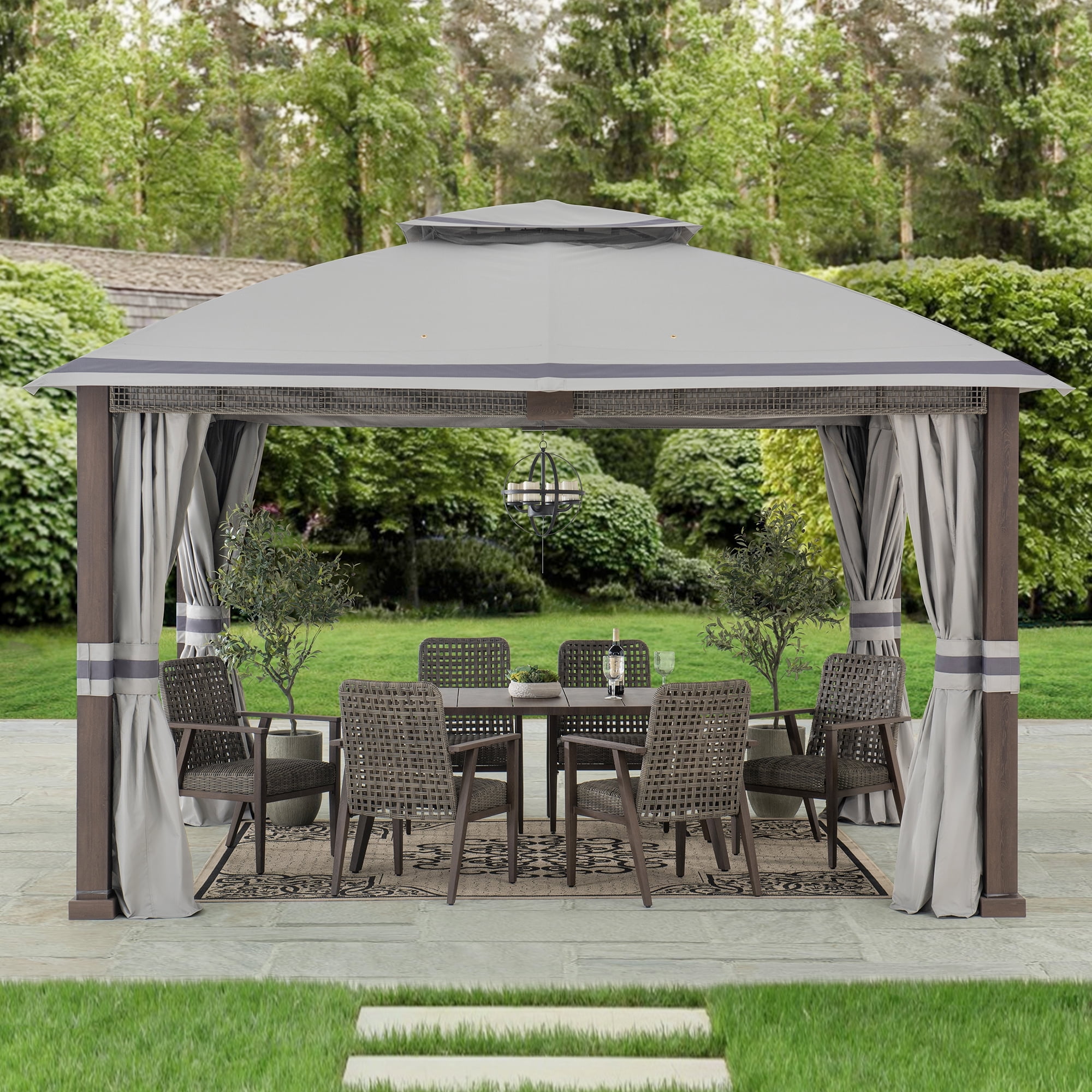 Gray 11 x 13 ft. Steel Frame 2-Tier Patio Gazebo with Netting and Curtains