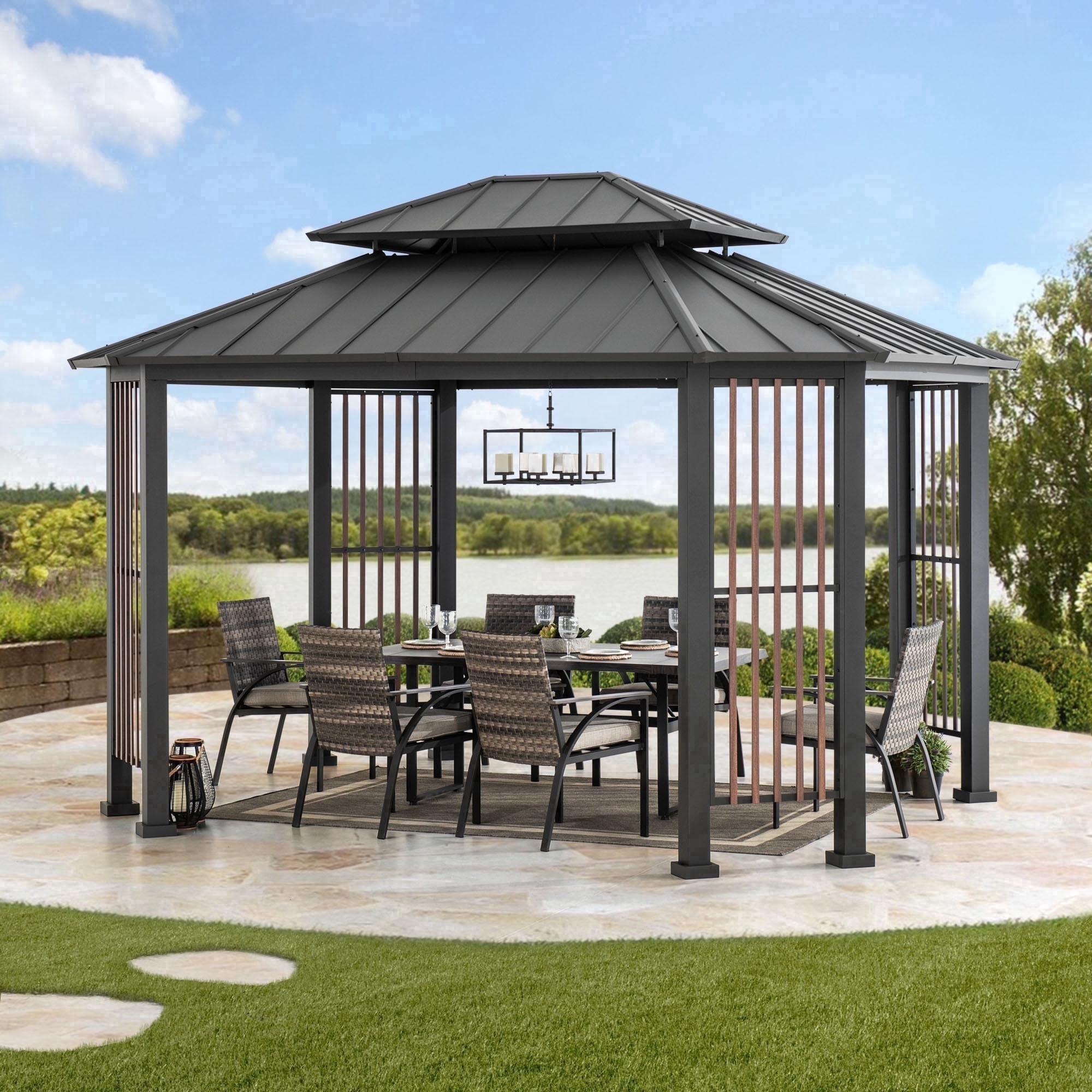 Sunjoy 11 x 13 ft. Hardtop Gazebo Outdoor 2-Tier Steel Hardtop Metal Gazebo with Dual Rails and Ceiling Hook, Suitable for Patio & Backyard, Grey