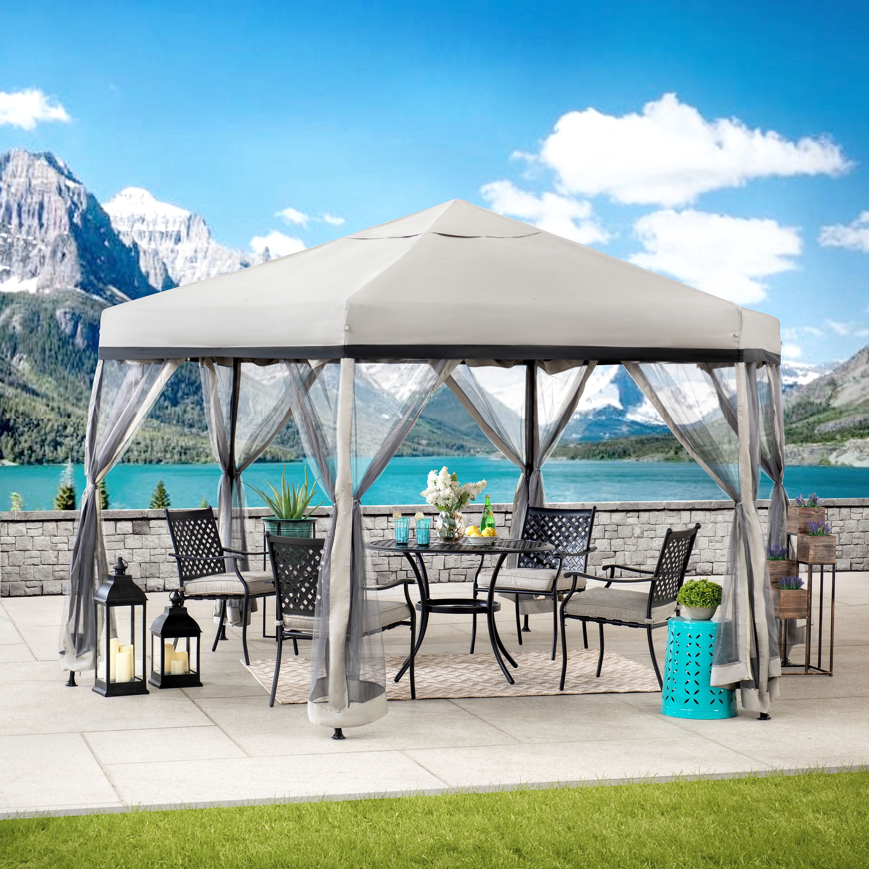 Sunjoy 11x11 ft. Pop Up Gazebo, 2-Tone Portable Canopy/Tent, Outdoor Hexagon Steel Frame Soft Top Gazebo, Mesh Sidewalls and Carry Bagcluded, Gray & Black