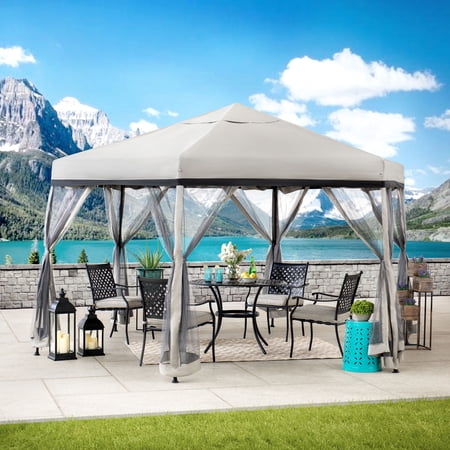 Sunjoy 11x11 ft. Pop Up Gazebo, 2-Tone Portable Canopy/Tent, Outdoor Hexagon Steel Frame Soft Top Gazebo, Mesh Sidewalls and Carry Bagcluded, Gray & Black