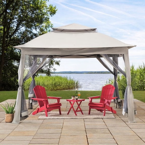 Sunjoy 11x11 ft. Pop-Up Instant Gazebo, Outdoor Portable Steel Frame 2-Tier Top Canopy/Tent with Netting and Carry Bag, Gray
