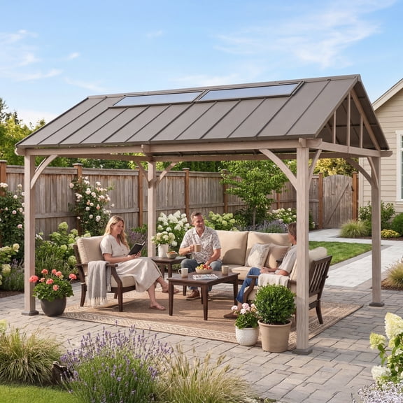Sunjoy 11x13 Maple Hills Metal Hardtop Gazebo, All-Weather Pitched Roof Outdoor Pergola with Rust-Resistant Powder-Coated Steel Frame for Patio, Garden & Backyard