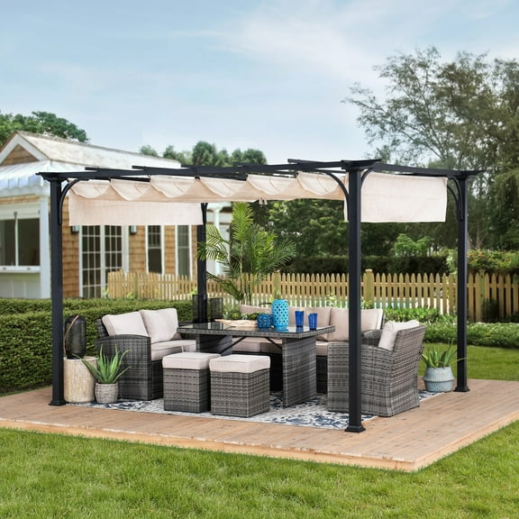 Sunjoy Outdoor Pergola 9 x 12 ft. Patio Black Steel Frame Pergola with Retractable Beige Canopy Shade for Backyard, Garden Activities