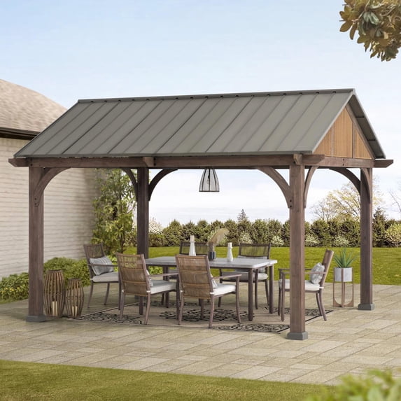 Sunjoy 12 x 14 ft. Hardtop Gazebo Premium Brown Cedar Wood Frame Gable Roof Gazebo with Ceiling Hook