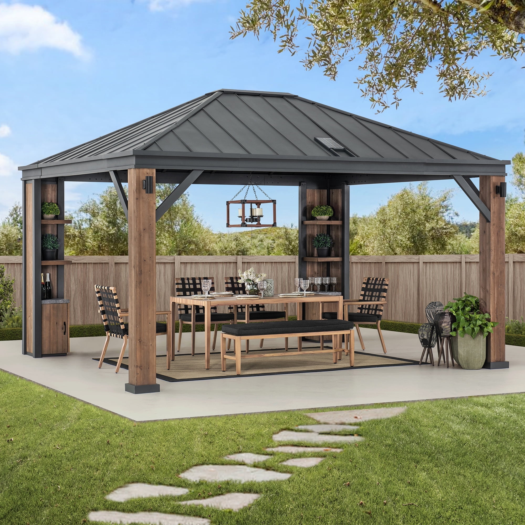 Sunjoy 12 x 14 ft. Hardtop Gazebo with Solar Powered, Cedar Wood Framed Steel Hardtop Gazebo with LED Lighting, Bluetooth Sound and Storage Racks