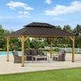 thumbnail image 1 of Sunjoy 12x16 ft. Wood Gazebo, Outdoor Patio Steel Hardtop Gazebo, Cedar Framed Wooden Gazebo with 2-tier Metal Roof, Suitable for Patios, Lawn, and Backyard, Dark Brown, 1 of 14