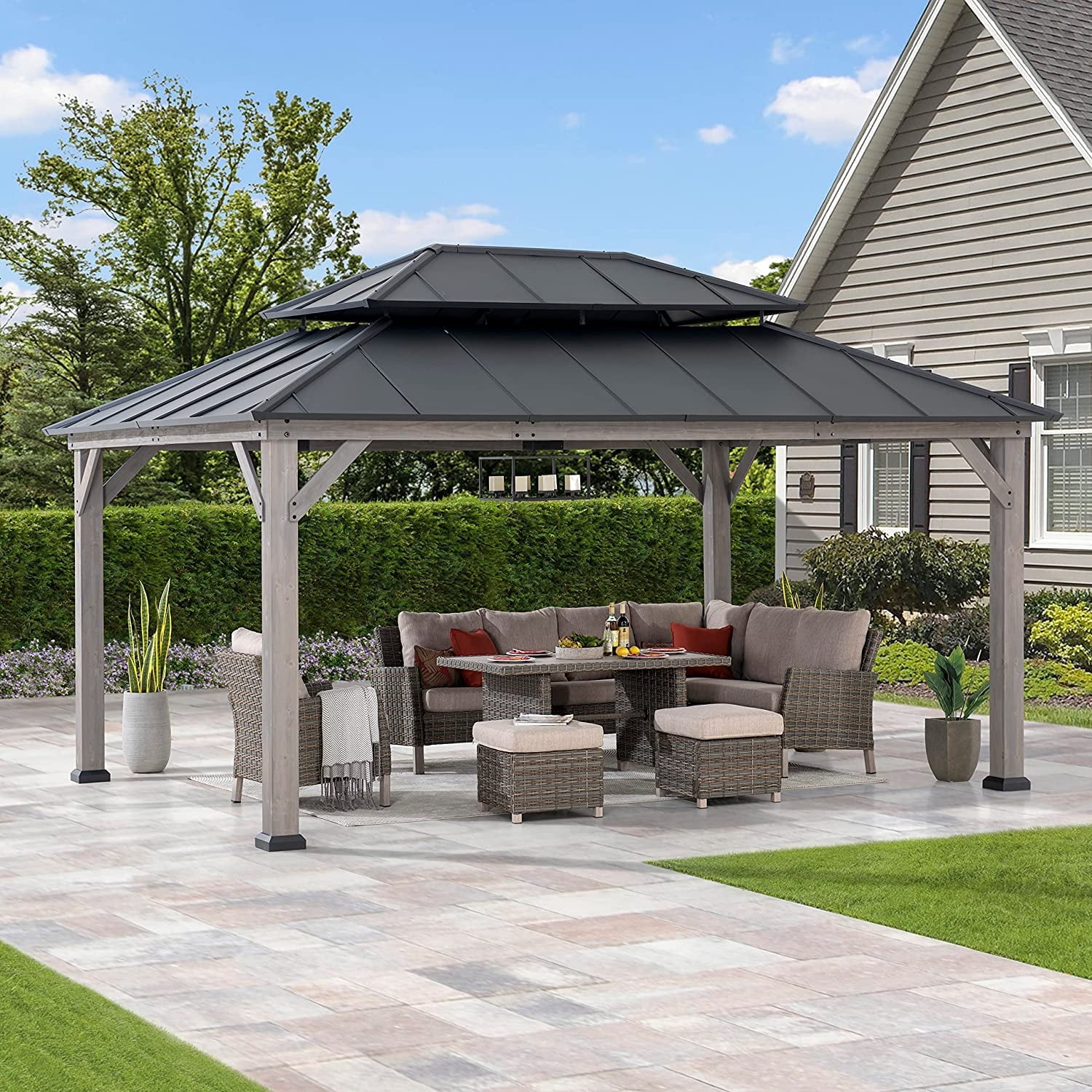 Sunjoy 12x16 ft Cedar Wood Gazebo with Black Steel Roof