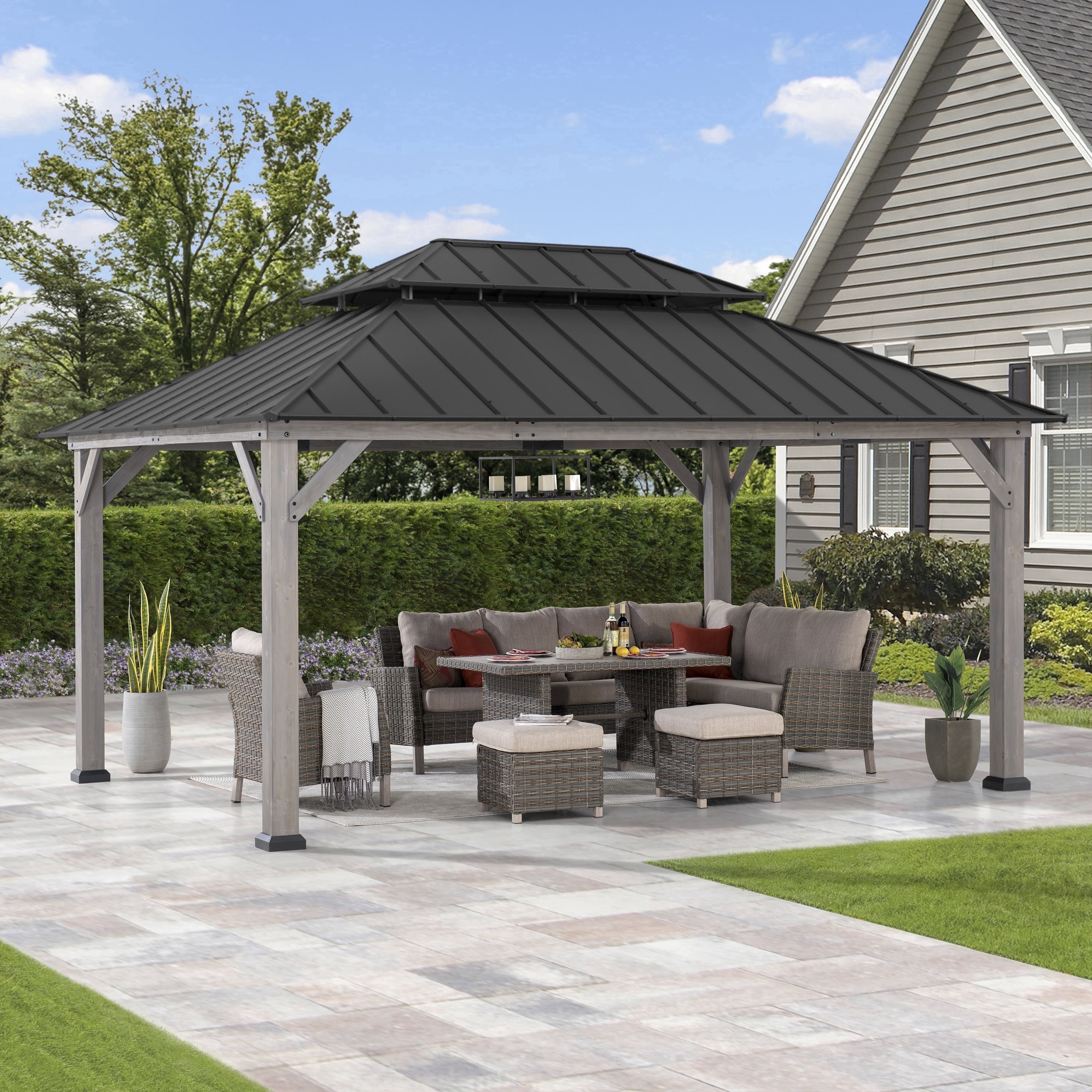 Sunjoy 12x16 ft. Wood Gazebo, Outdoor Patio Steel Hardtop Gazebo, Cedar Framed Wooden Gazebo with 2-tier Metal Roof, Suitable for Patios, Lawn, and Backyard, Matte Black