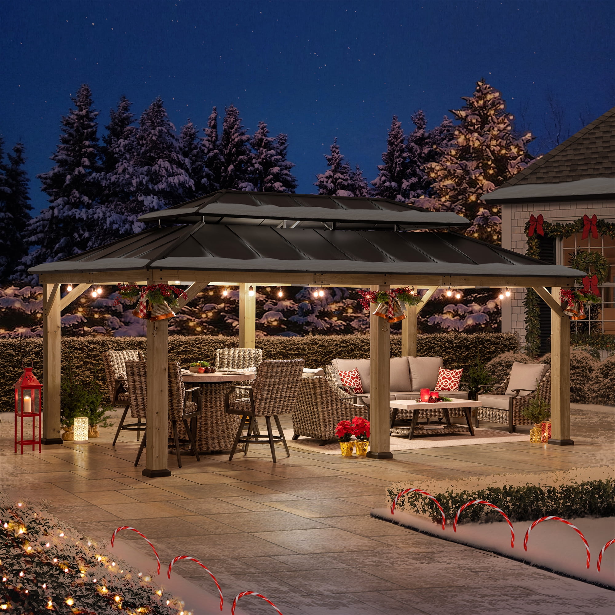 Sunjoy 12x20 ft. Wood Gazebo, Outdoor Patio Steel Hardtop Gazebo, Cedar