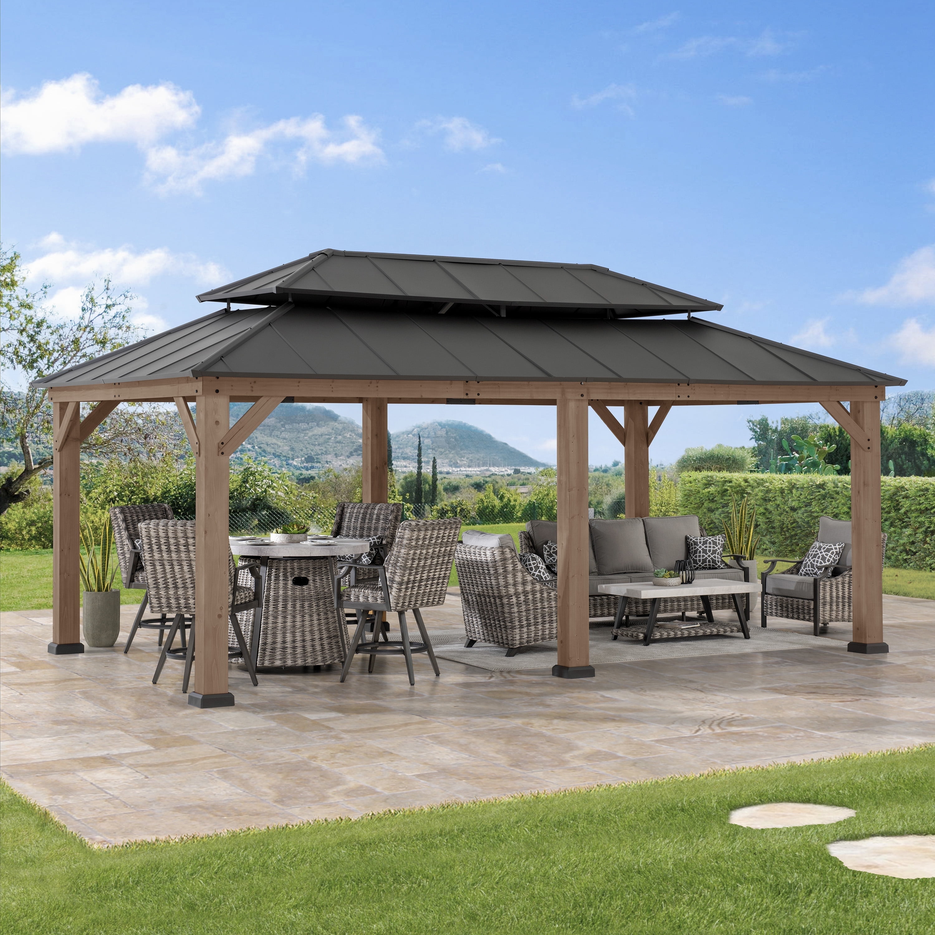 Sunjoy 12x20 ft. Wood Gazebo, Outdoor Patio Steel Hardtop Gazebo, Cedar
