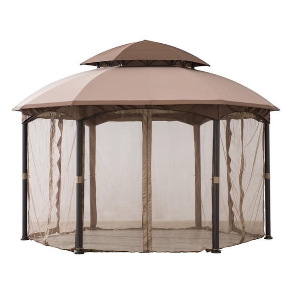 Sunjoy 13.5x13.5 ft. Gazebo with 2-Tier Dome Canopy Roof, Steel Frame Soft top Gazebo with Ceiling Hook and Mosquito Netting, Tan and Brown