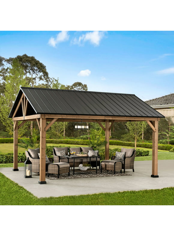Sunjoy 13 ft. x 15 ft. Outdoor Patio Hardtop Gazebo, Wooden Frame Metal Gazebo with Black Steel Gable Roof, Suitable for Patios, Lawn and Backyard