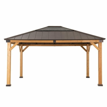 Sunjoy 13 ft. x 15 ft. Patio Cedar Framed Gazebo with Brown Steel and Polycarbonate Hip Roof Hardtop