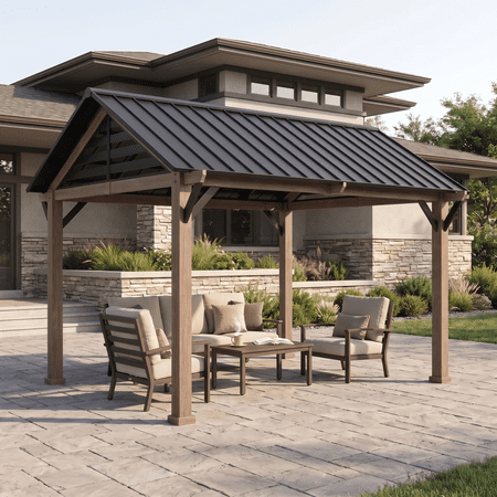 Sunjoy Apex Woodgrain Gable Steel Roof Patio Gazebo 13' × 13' with Metal Gable Roof and Ceiling Hook, Suit for Patio and Backyard, Black