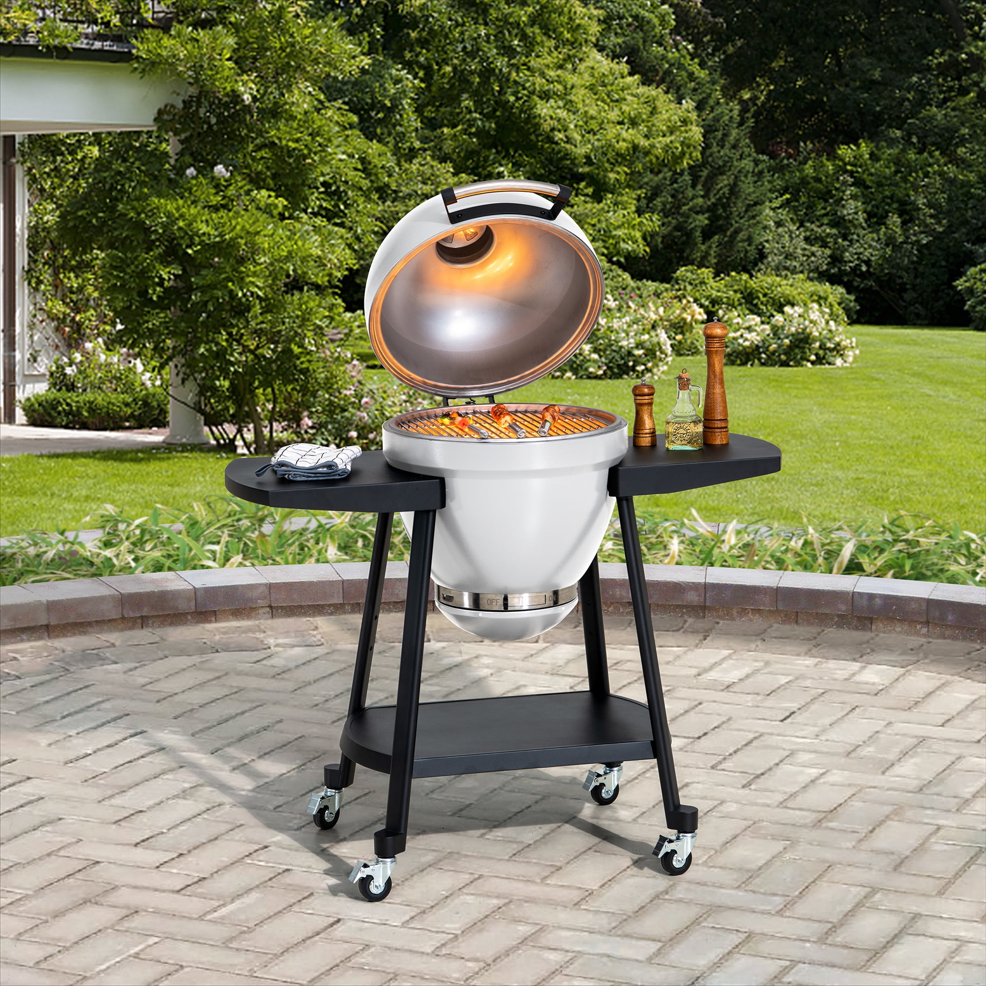 White 20-Inch Kamado Egg Grill with Pizza Stone and Smoker