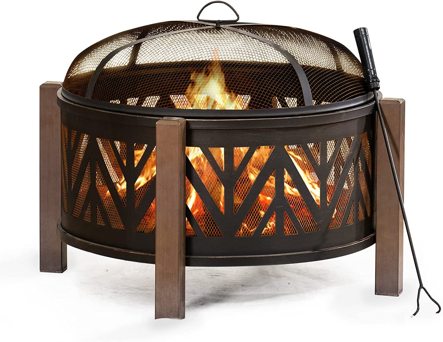 SUNJOY 27 Inch Fire Pit for Outside, Outdoor Steel Wood Burning Fire Pits with Mesh Spark Screen and Fire Poker, Large Bonfire for Patio and Backyard, Black with Burnished Gold Highlights