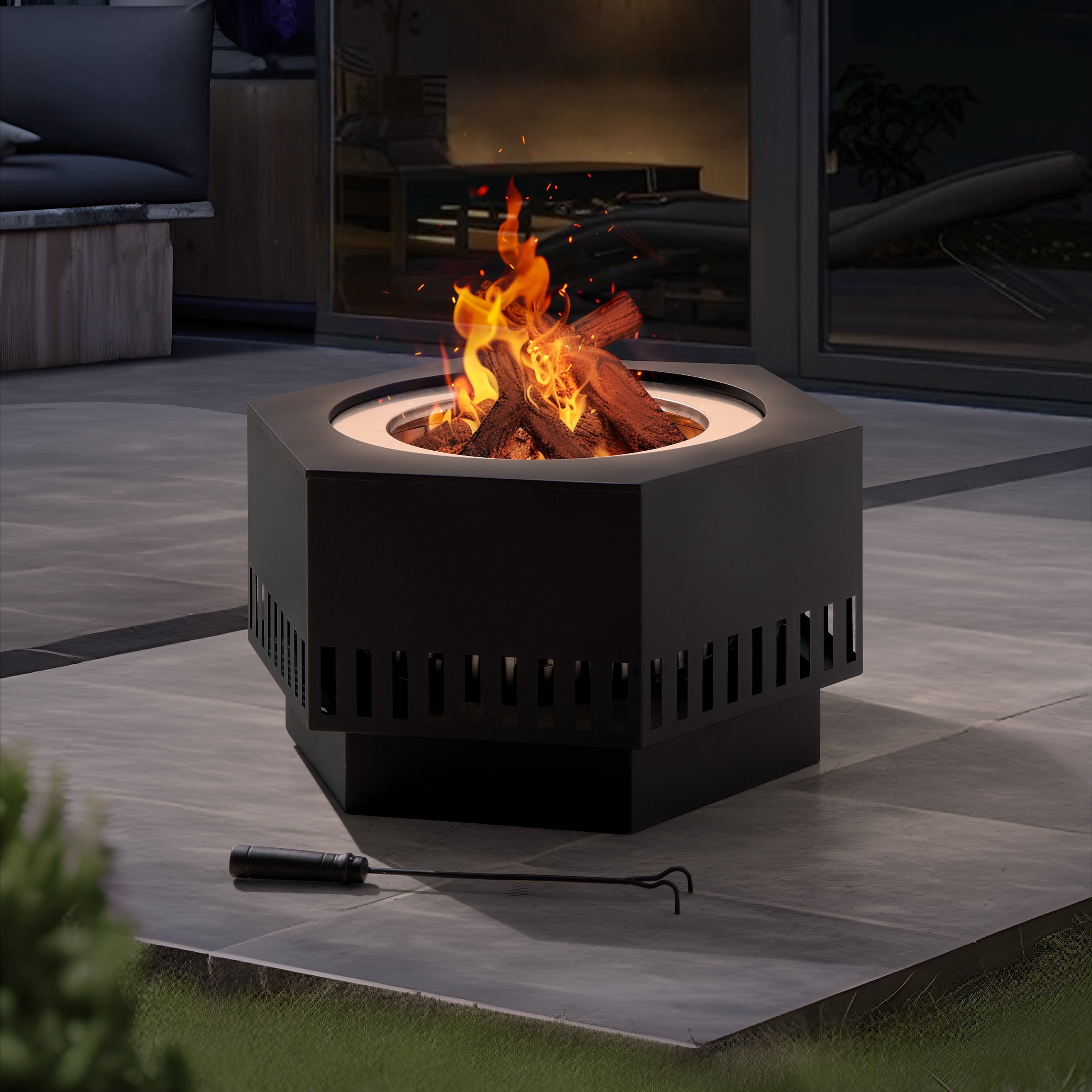 Sunjoy 28 In Smokeless Fire Pit with Removable Ash Pan, Outdoor Portable Wood Burning Fireplace with PVC Cover and Fire Poker ,Ideal for Camping, Bonfire, and Backyard, Black