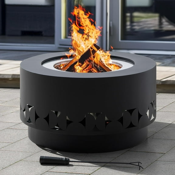 Sunjoy 28 In Smokeless Fire Pit with Removable Ash Pan, Outdoor Portable Wood Burning Fireplace with PVC Cover and Fire Poker ,Ideal for Camping, Bonfire, and Backyard, Black