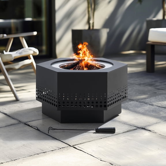 Sunjoy 28 In Smokeless Fire Pit with Removable Ash Pan, Outdoor Portable Wood Burning Fireplace with PVC Cover and Fire Poker ,Ideal for Camping, Bonfire, and Backyard, Black