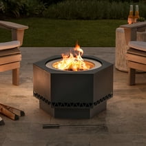 Sunjoy 28 in. Hexagonal Outdoor Wood Burning Smokeless Fire Pit w/ PVC Cover and Fire Poker Black