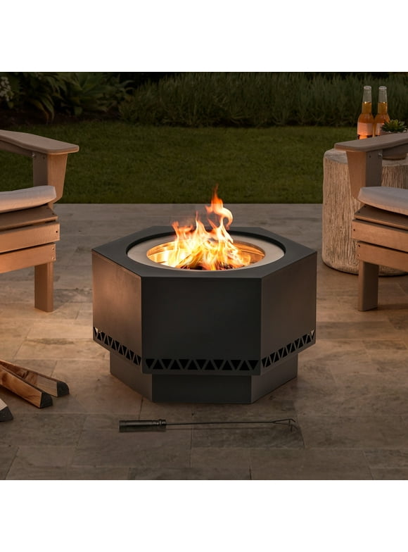 Sunjoy 28 in. Hexagonal Outdoor Wood Burning Smokeless Fire Pit w/ PVC Cover and Fire Poker Black