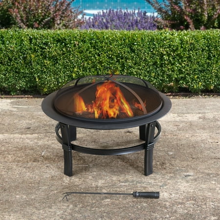 product image of Sunjoy 29 in. Outdoor Fire Pit Black Steel Patio Fire Pit Backyard Wood Burning Fire Pit with Spark Screen and Fire Poker